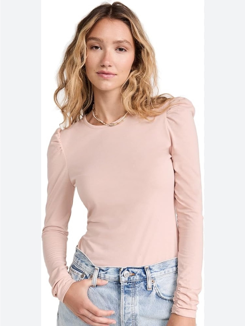 Free People Natasha Cotton Puff Shoulder Blush Long Sleeve Top - Picture 1 of 8